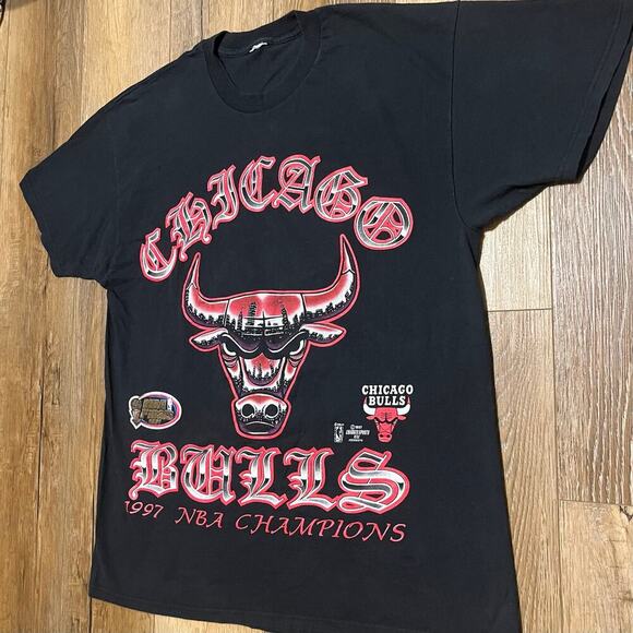 VTG Chicago Bulls 1997 NBA Champions T Shirt Mens XL RARE Changes Sports Black - Picture 2 of 6